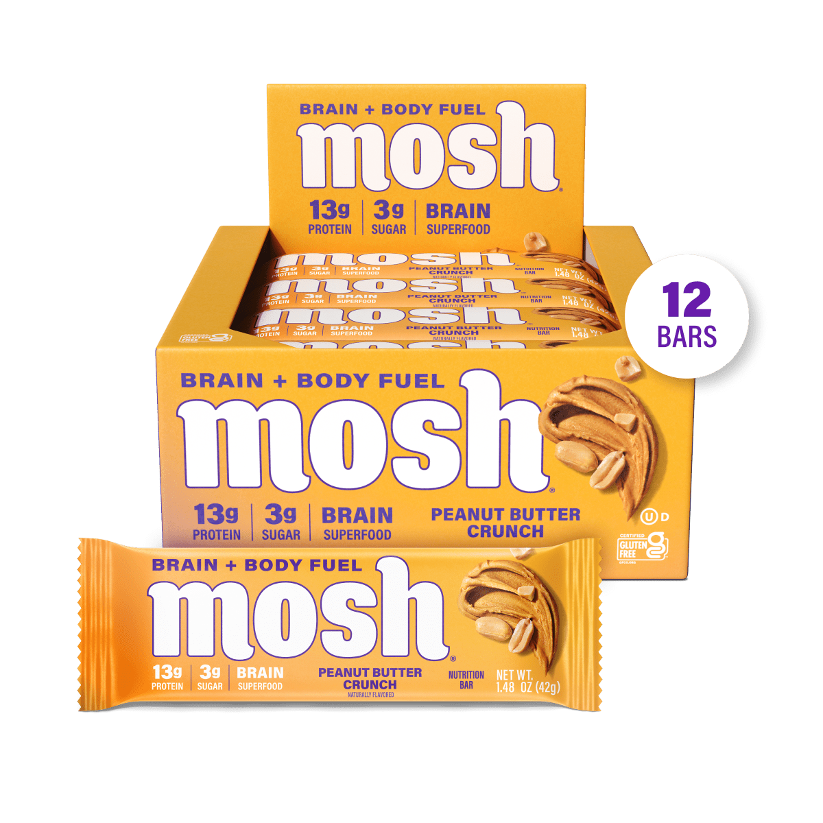 MOSH Peanut Butter Crunch Protein Bar with crunchy peanut butter filling and chocolate coating, showing the bar's texture and packaging.