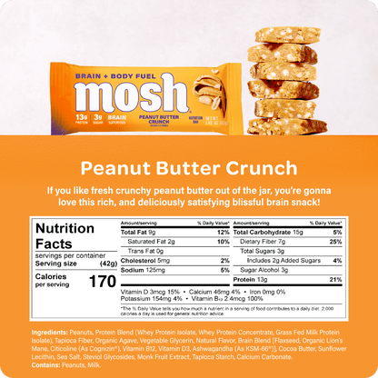 Mosh Peanut Butter Crunch Protein Bar featuring crispy peanut butter flavor in a sleek wrapper.
