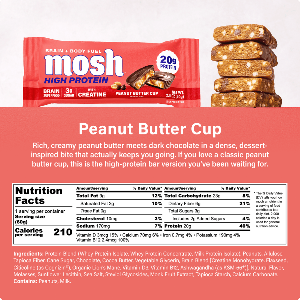 Mosh Peanut Butter Cup protein bar showing chocolate coating and peanut butter filling, healthy snack by MOSH.