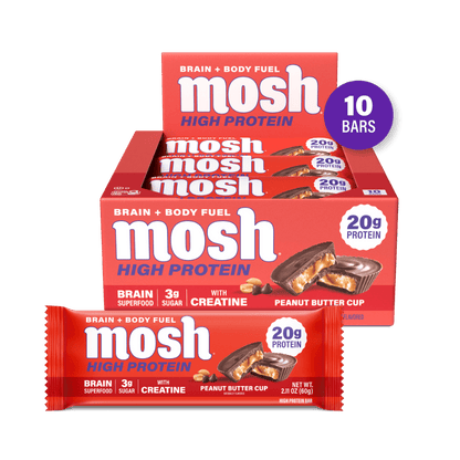 MOSH Peanut Butter Cup Protein Bar showing a chocolate-covered bar with peanut butter filling on a white background.