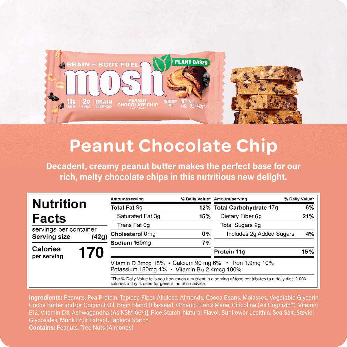 Mosn Peanut Chocolate Chip Protein Bar featuring a chocolate chip and peanut flavor in a packaged MOSH brand bar.