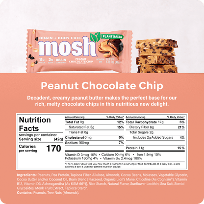 Mosn Peanut Chocolate Chip Protein Bar featuring a chocolate chip and peanut flavor in a packaged MOSH brand bar.