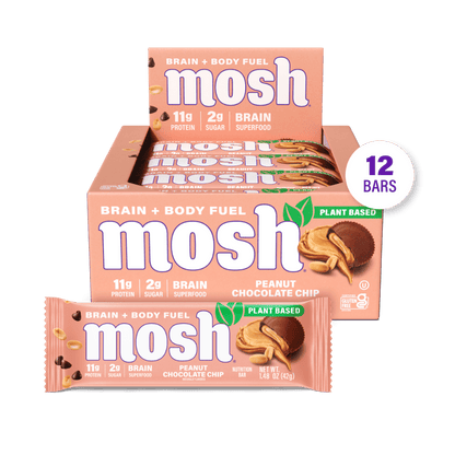 Mosh Peanut Chocolate Chip protein bar with peanut chunks and chocolate chips, nutritious snack for active lifestyles.