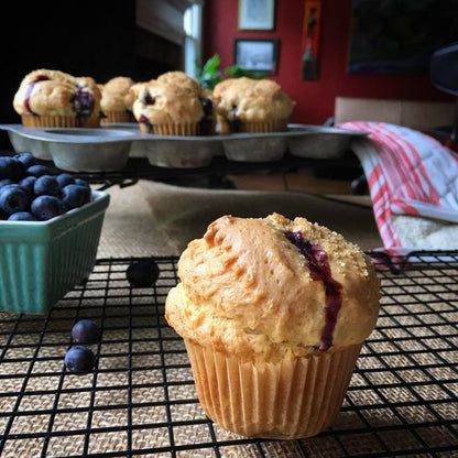 Gluten-free muffin mix by gfJules, showing a freshly baked muffin with a golden top and crumbly texture.