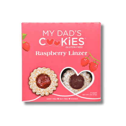 Three 2oz packages of My Dad's Cookies Linzer Assortment with assorted fruit jam-filled cookies in decorative packaging.