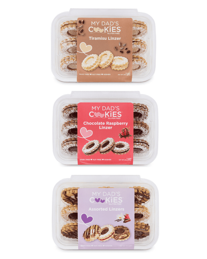 Three 6oz boxes of My Dad's Cookies Flavor Adventure Assortment showcasing assorted cookie flavors in colorful packaging.