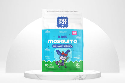 NatPat BuzzPatch natural mosquito repellent patches for kids, showing small adhesive patches with natural ingredients in a blister pack.