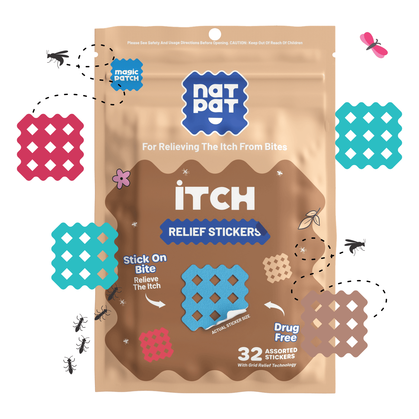 NatPat MagicPatch Itch Relief Patches shown on skin, natural ingredients, small flexible patches for soothing skin irritation.