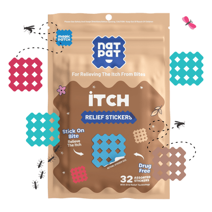 NatPat MagicPatch Itch Relief Patches shown on skin, natural ingredients, small flexible patches for soothing skin irritation.