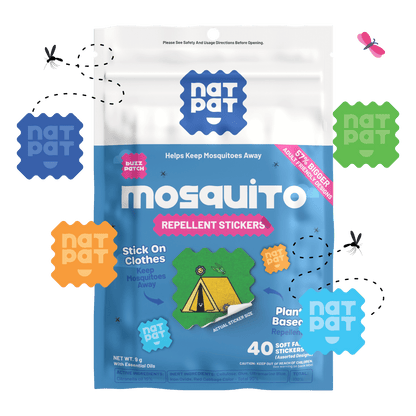NATPAT BuzzPatchV mosquito repellent patches for adults, showing easy-to-apply patches for outdoor protection against mosquitos