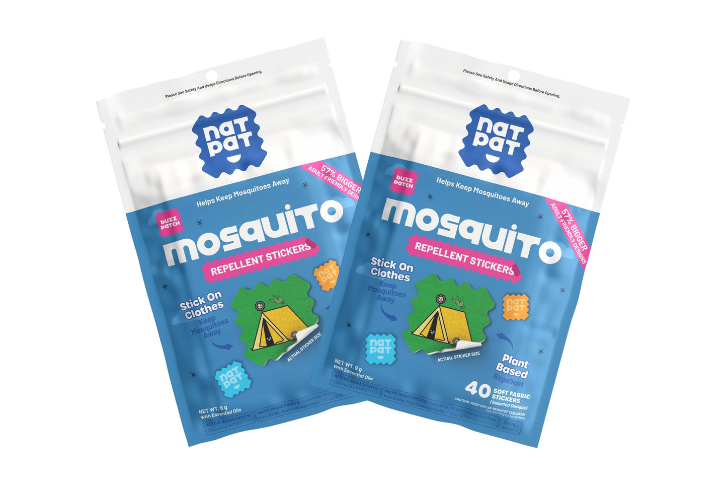 NATPAT BuzzPatchV mosquito repellent patches for adults, shown on skin, providing portable protection against mosquitoes.