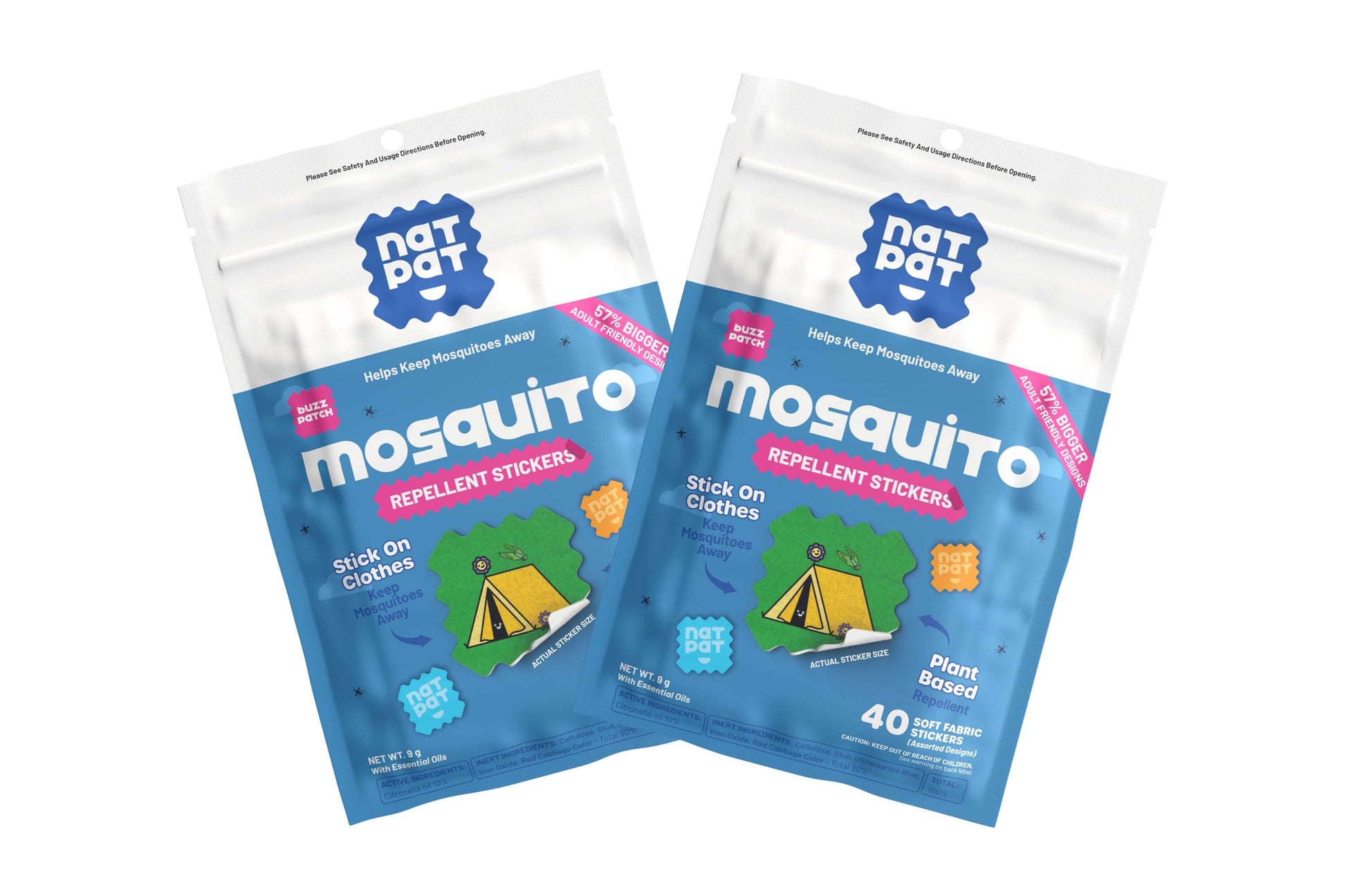 NATPAT BuzzPatchV mosquito repellent patches for adults, shown on skin, providing portable protection against mosquitoes.