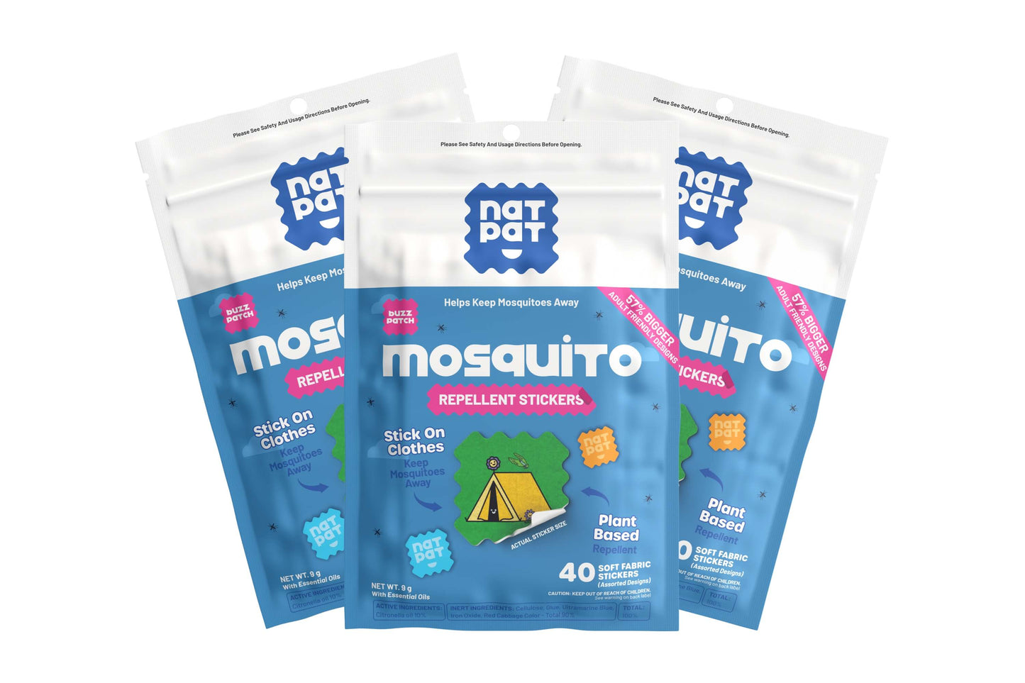 NATPAT BuzzPatchV mosquito repellent patches for adults, shown on skin, providing natural protection against mosquito bites outdoors.
