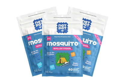 NATPAT BuzzPatchV mosquito repellent patches for adults, shown on skin, providing natural protection against mosquito bites outdoors.