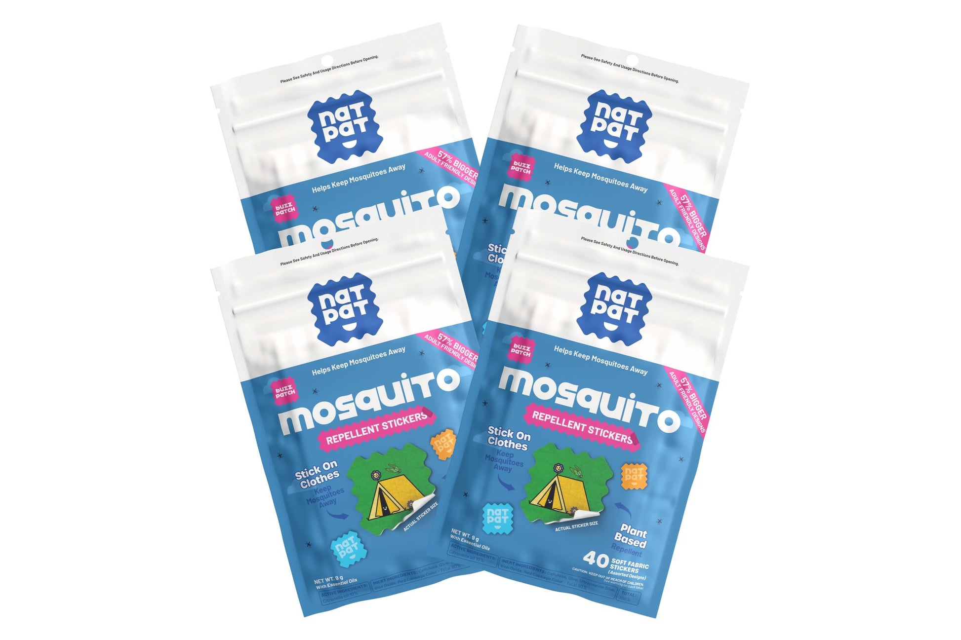 NATPAT BuzzPatchV mosquito repellent patches for adults, shown on skin, providing portable protection against mosquitoes.