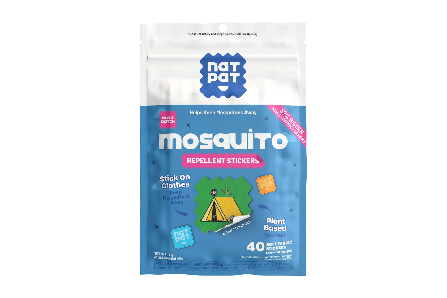 NATPAT BuzzPatchV mosquito repellent patches for adults, showing adhesive patches designed to stay protected outdoors