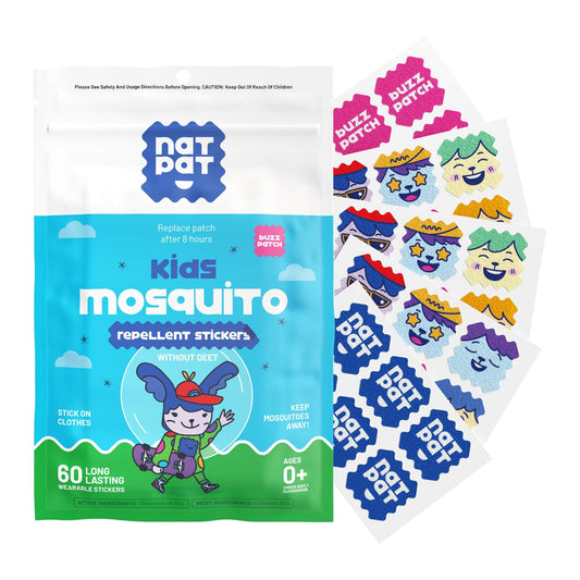 NatPat BuzzPatch natural mosquito repellent patches for kids, designed for safe and bite-free outdoor fun.