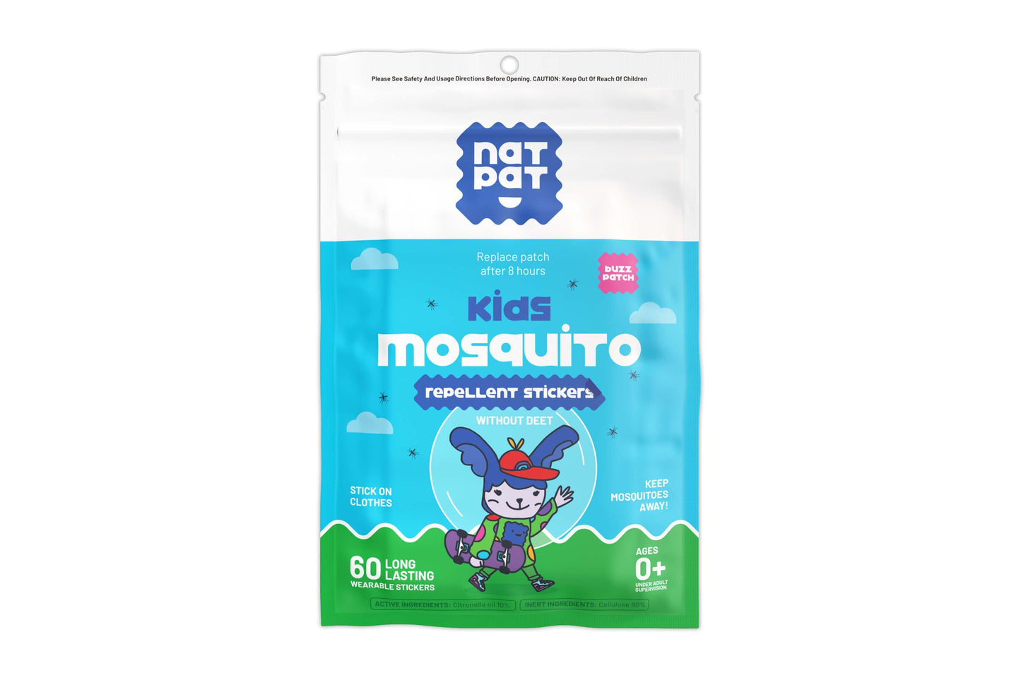 NatPat BuzzPatch natural mosquito repellent patches for kids, designed for safe, bite-free outdoor fun and protection.