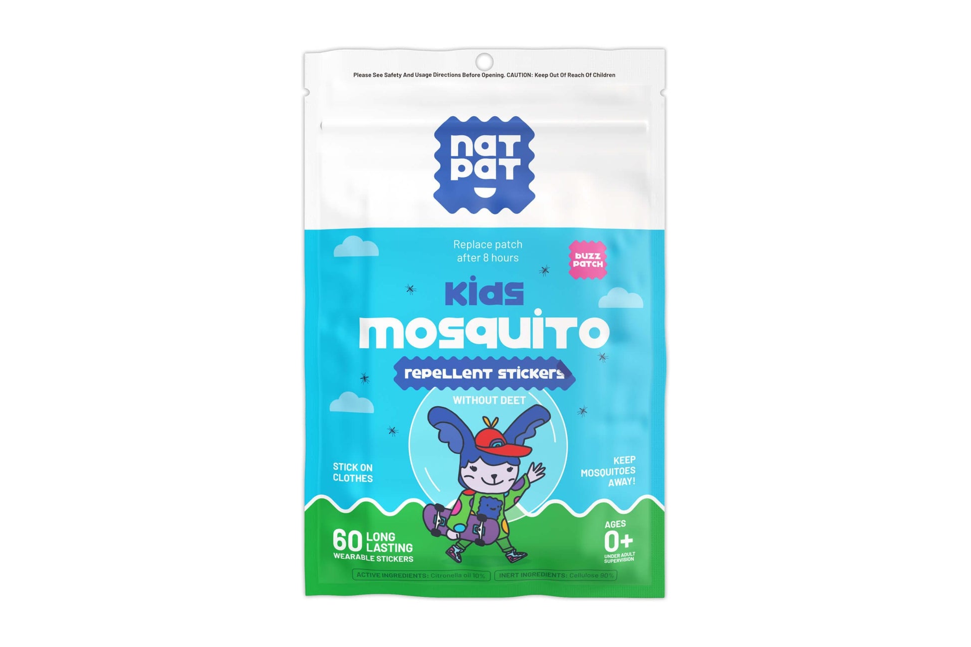 NatPat BuzzPatch natural mosquito repellent patches for kids, designed for safe, bite-free outdoor fun and protection.