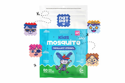 NatPat BuzzPatch natural mosquito repellent patches for kids, shown on skin for bite-free outdoor fun.