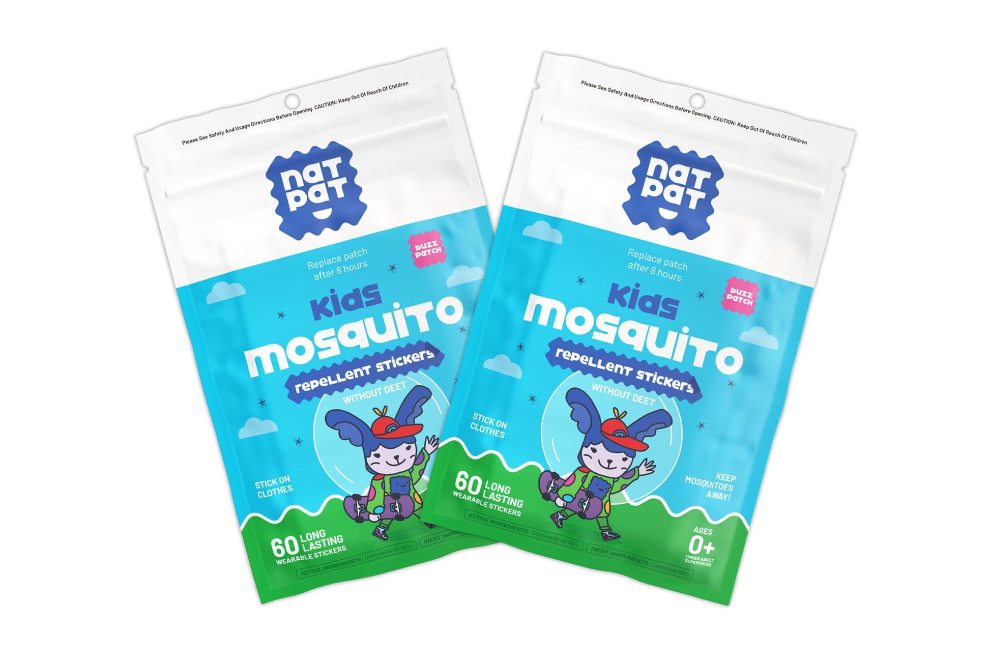 NatPat BuzzPatch natural mosquito repellent patches for kids, providing bite-free outdoor fun with effective mosquito protection.