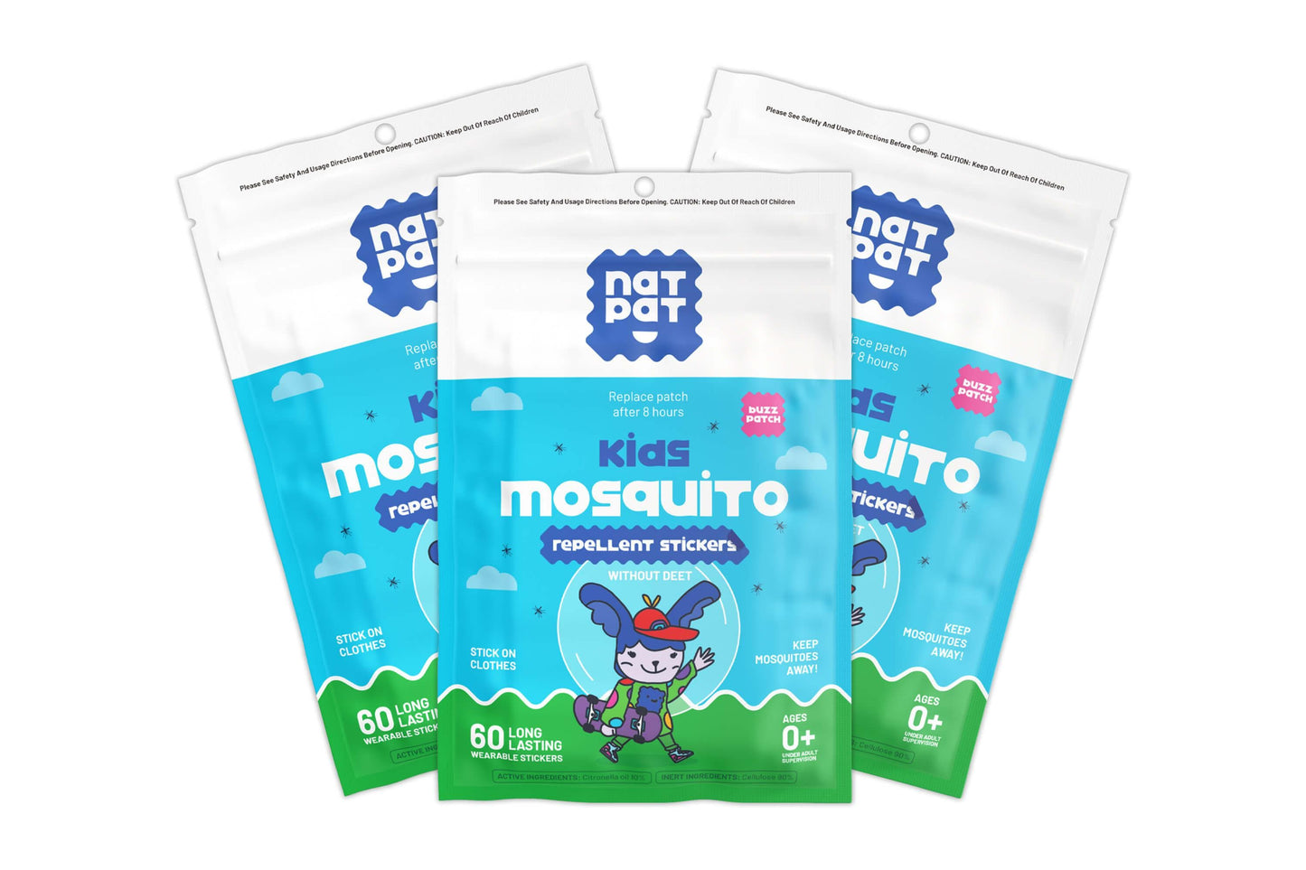 NatPat BuzzPatch natural mosquito repellent patches for kids, providing bite-free outdoor fun and protection during outings.