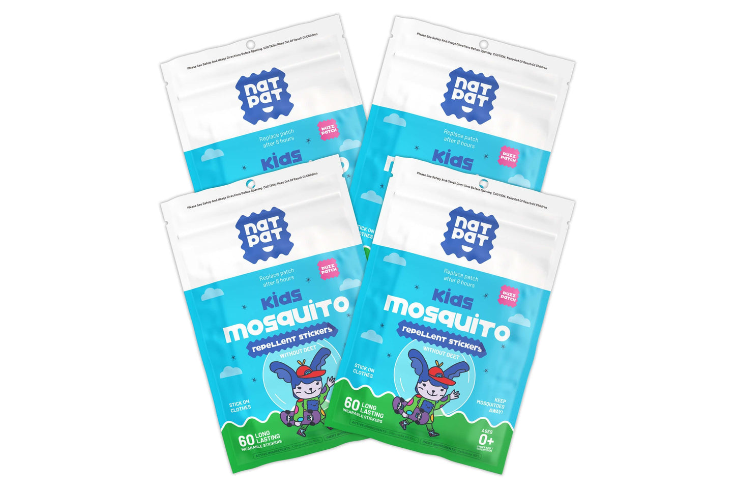 NatPat BuzzPatch natural mosquito repellent patches for kids, providing bite-free outdoor fun and protection against mosquitoes.
