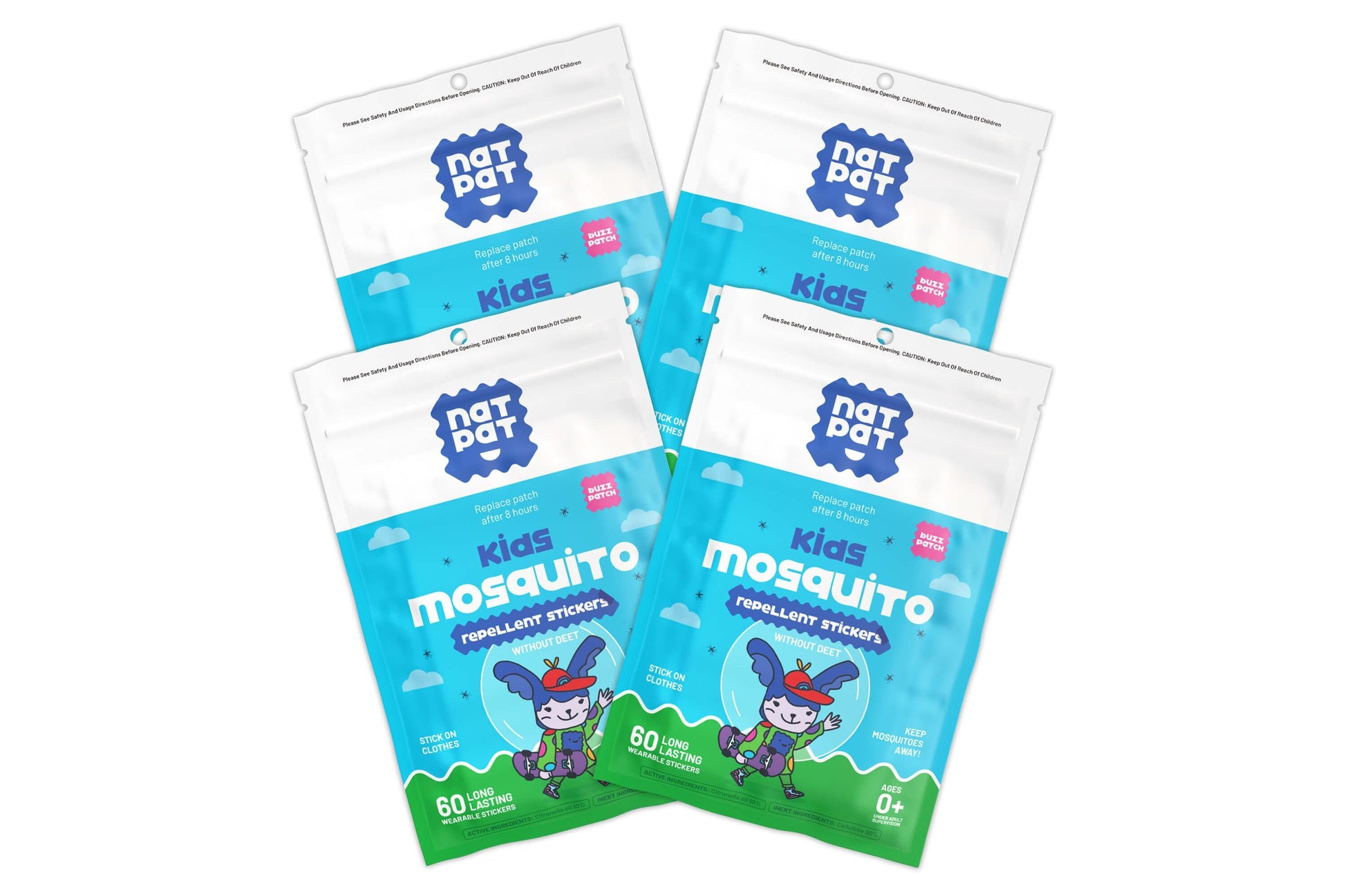 NatPat BuzzPatch natural mosquito repellent patches for kids, providing bite-free outdoor fun and protection against mosquitoes.