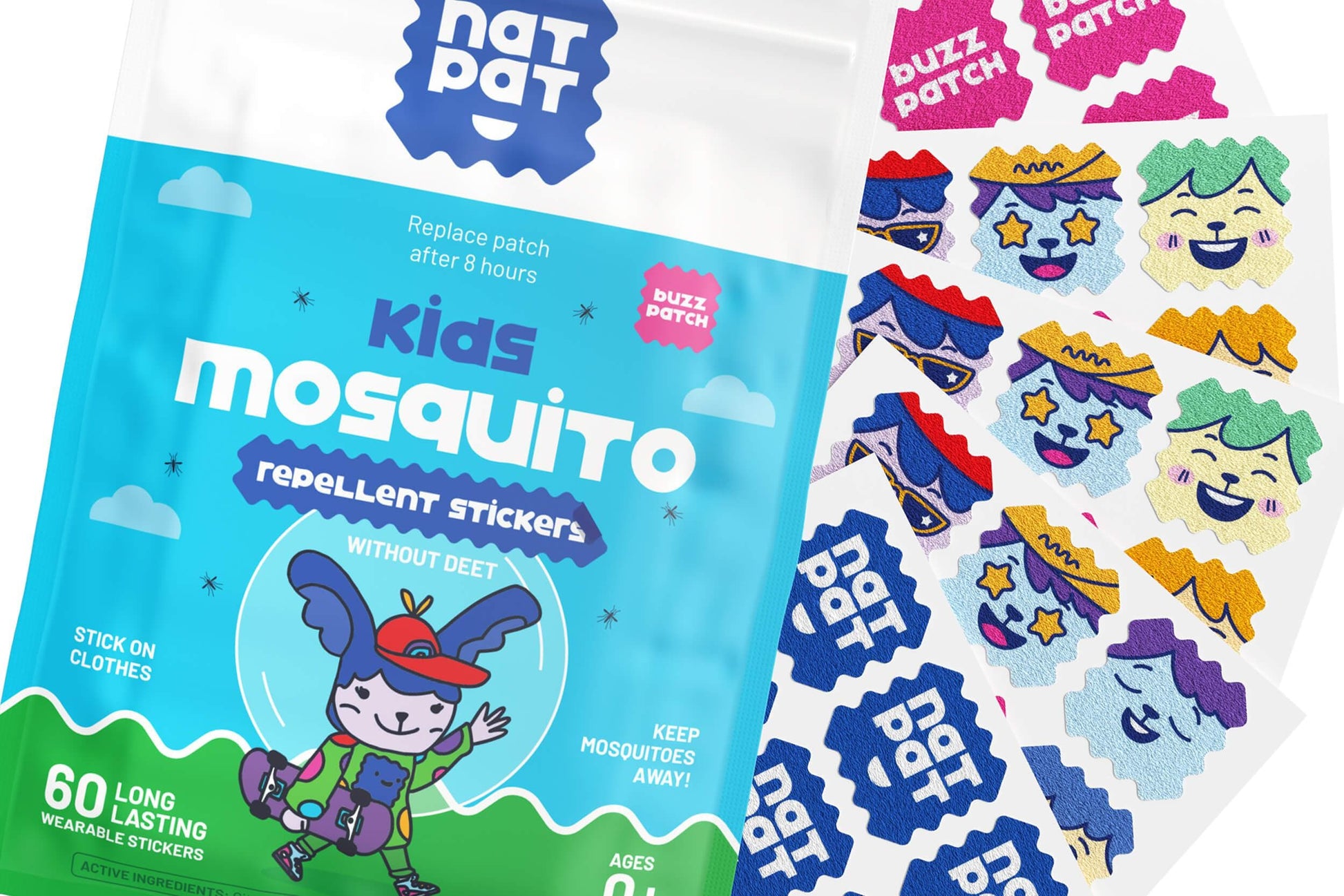 NatPat BuzzPatch natural mosquito repellent patches for kids, shown on skin, providing bite-free outdoor protection.