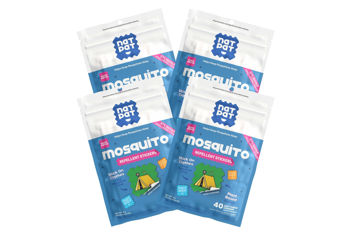 NATPAT BuzzPatchV mosquito repellent patches for adults, shown on skin, providing portable protection against mosquitoes.