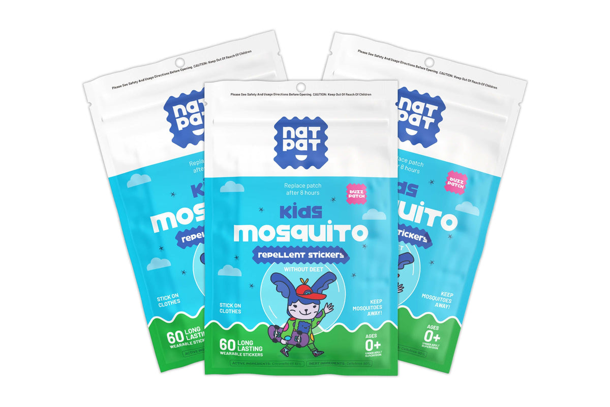 NatPat BuzzPatch natural mosquito repellent patches for kids, providing bite-free outdoor fun and protection during outings.