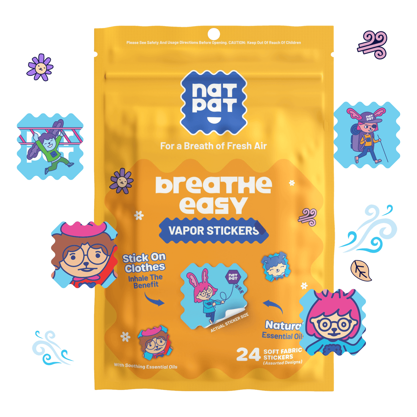 NATPAT StuffyPatch Breath Easy Stickers for congestion and allergy relief, shown on skin with natural design and packaging.