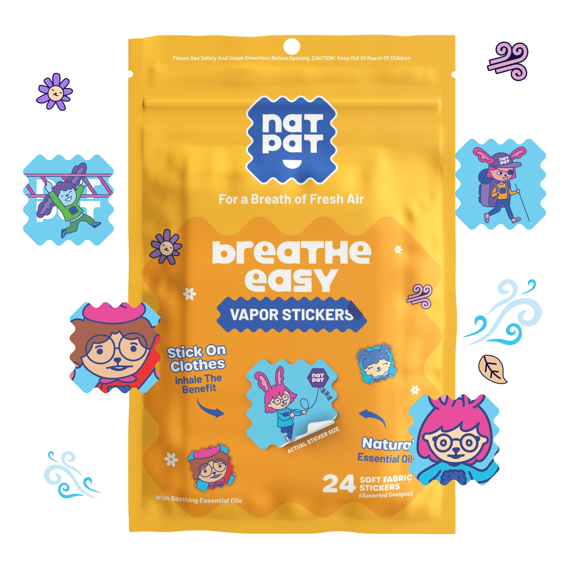 NATPAT StuffyPatch Breath Easy Stickers for congestion and allergy relief, shown on skin with natural design and packaging.