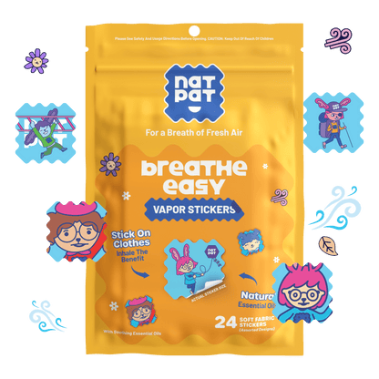 NATPAT StuffyPatch Breath Easy Stickers for congestion and allergy relief, shown on skin with natural design and packaging.