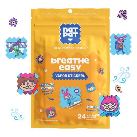 NATPAT StuffyPatch Breath Easy Stickers for congestion and allergy relief, shown on skin with natural design and packaging.