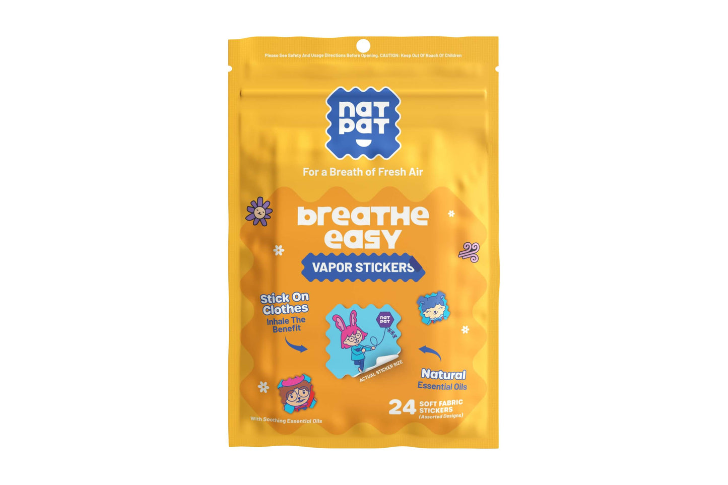 NATPAT StuffyPatch Breath Easy Stickers for natural congestion and allergy relief, shown on skin with packaging in the background.