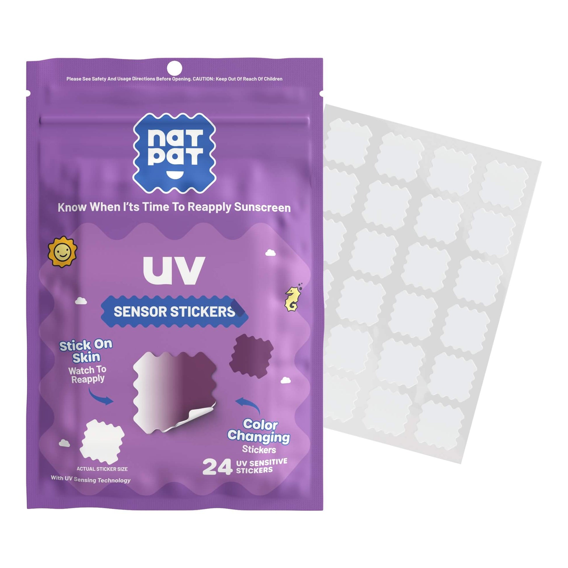 NATPAT SunnyPatch UV-detecting stickers showing sun exposure, designed for security and style, with colorful, peel-and-stick design.