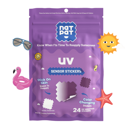 NATPAT SunnyPatch UV-detecting stickers showing sun exposure levels with colorful, quick-responding UV-sensitive designs.