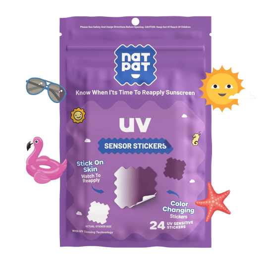 NATPAT SunnyPatch UV-detecting stickers showing sun exposure levels with colorful, quick-responding UV-sensitive designs.