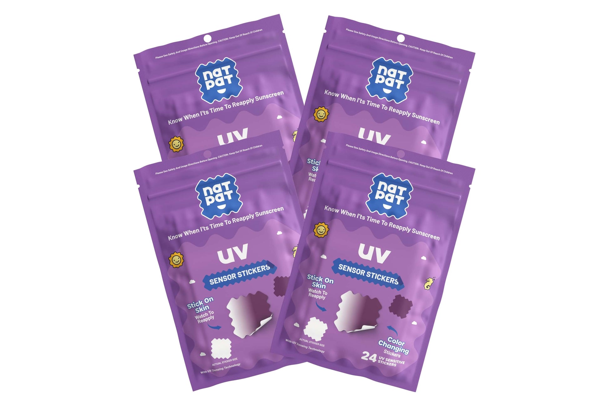 NATPAT SunnyPatch UV-Detecting Stickers showing colorful patterns that change color under UV light to indicate sun exposure.