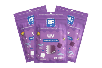 NATPAT SunnyPatch UV-Detecting Stickers showing how they change color to indicate sun exposure on skin or clothing