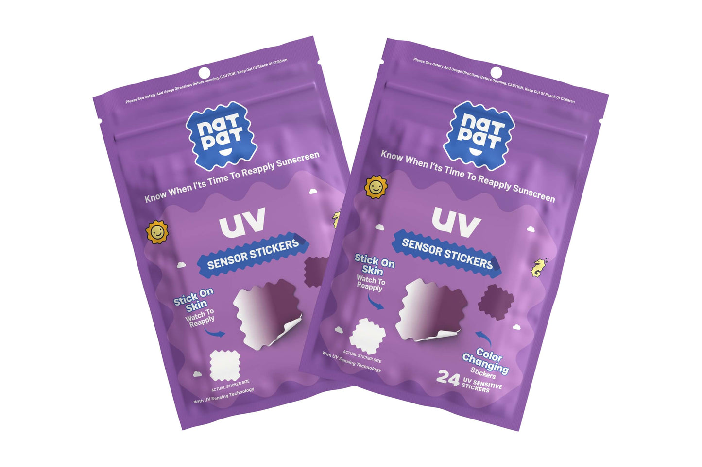 NATPAT SunnyPatch UV-detecting stickers showing sun exposure levels on skin for security and style purposes.