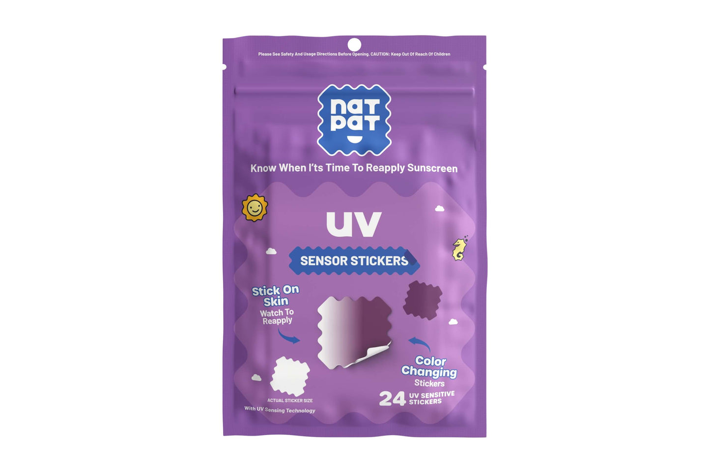 NATPAT SunnyPatch UV-Detecting Stickers showing color change under sunlight for sun exposure detection and skin protection.