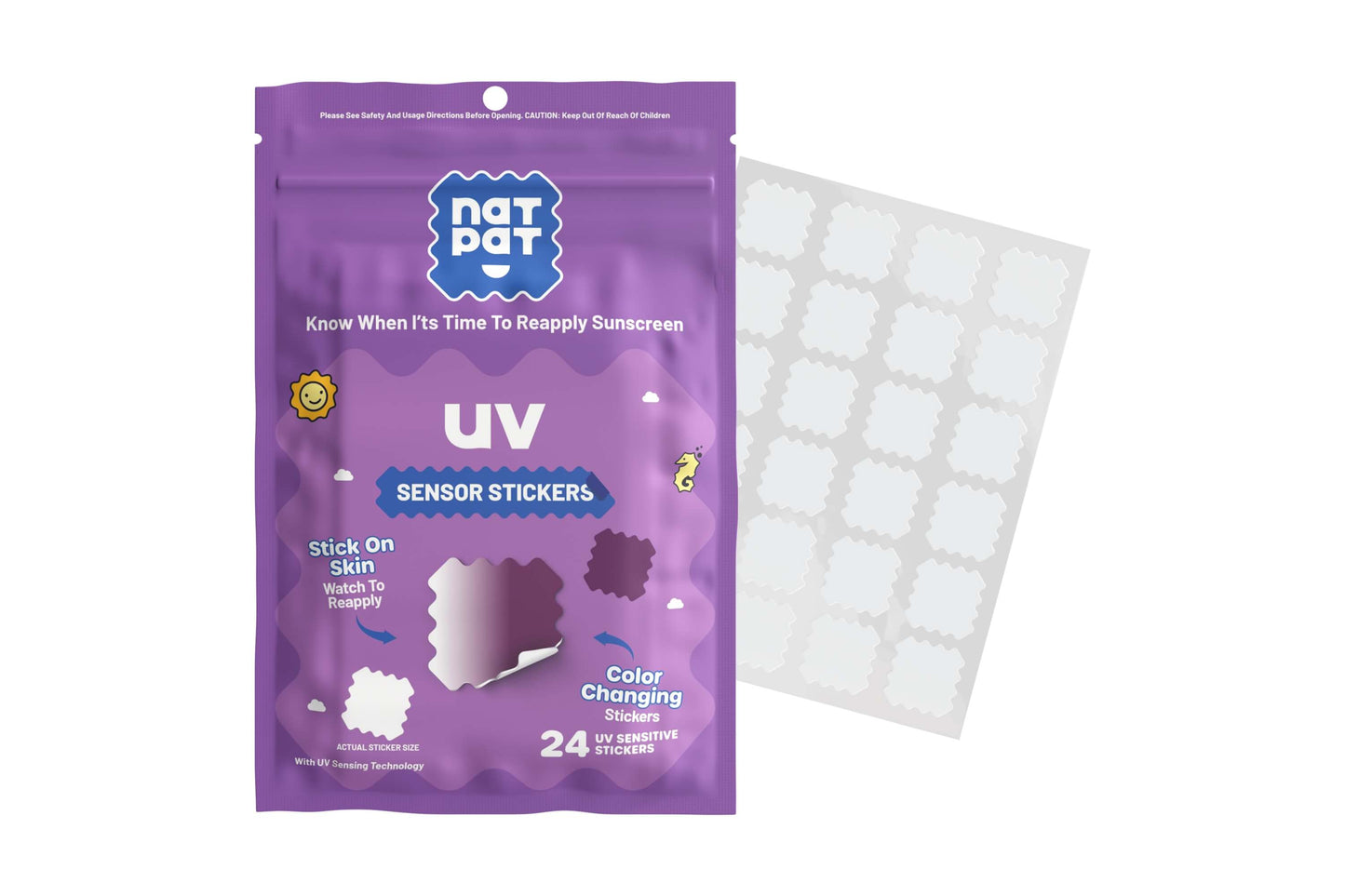 NATPAT SunnyPatch UV-detecting stickers showing sun exposure, small colorful adhesive patches for tracking UV exposure on skin or clothing.