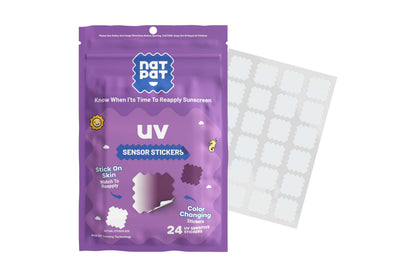 NATPAT SunnyPatch UV-detecting stickers showing sun exposure, small colorful adhesive patches for tracking UV exposure on skin or clothing.