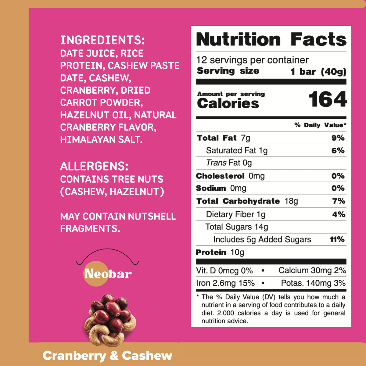 A nutrition facts label for Neobar Cranberry & Cashew on a white background, with ingredient and allergen text, serving size 1 bar (40g), and a small photo of cashews and dried cranberry at the bottom.