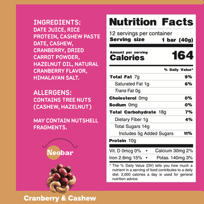 A nutrition facts label for Neobar Cranberry & Cashew on a white background, with ingredient and allergen text, serving size 1 bar (40g), and a small photo of cashews and dried cranberry at the bottom.