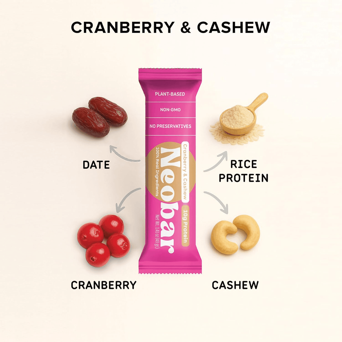 one neobar with cranberry, dates, rice protein and cashews
