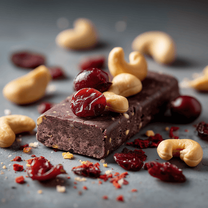 A chocolate protein bar topped with cashews and dried cranberries, styled on a dark gray surface with scattered cashews and cranberry pieces.