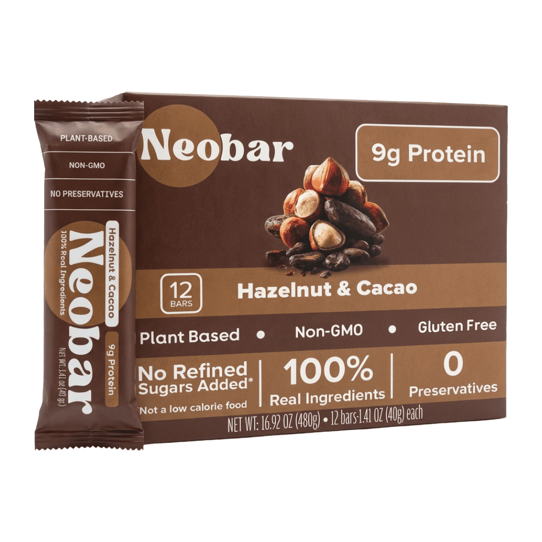 A box of Neobar Hazelnut & Cacao protein bars with one individual bar displayed on the left, set against a plain white background.